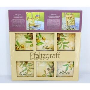 Pfaltzgraff Everyday Set of 6 Ceramic Coasters with Metal Stand Olive Theme